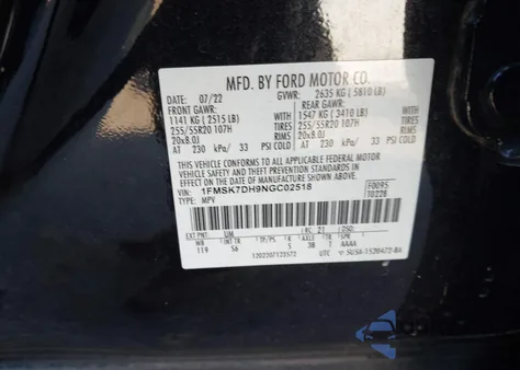 2022 Ford Explorer Xlt z USA, uszkodzony, nr VIN 1FMSK7DH9NGC02518